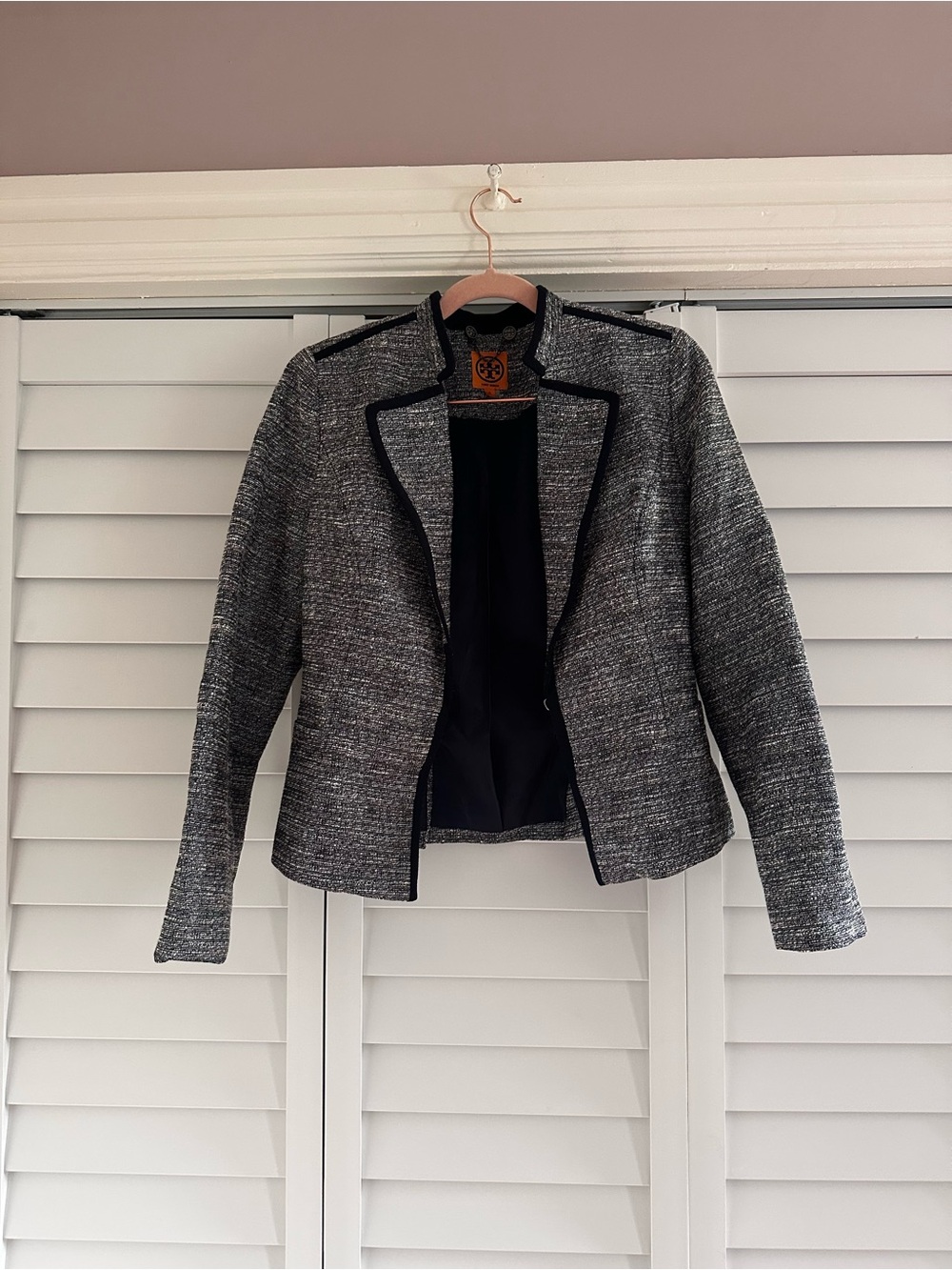 Tory Burch Navy-Trim Gray Tweed Open Jacket Blazer